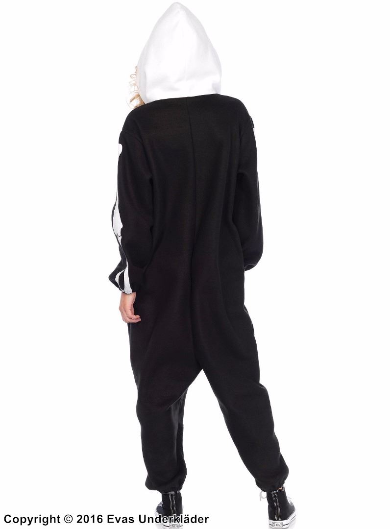 Skjelett, kostyme kigurumi-jumpsuit, hette, glidelås på forsiden